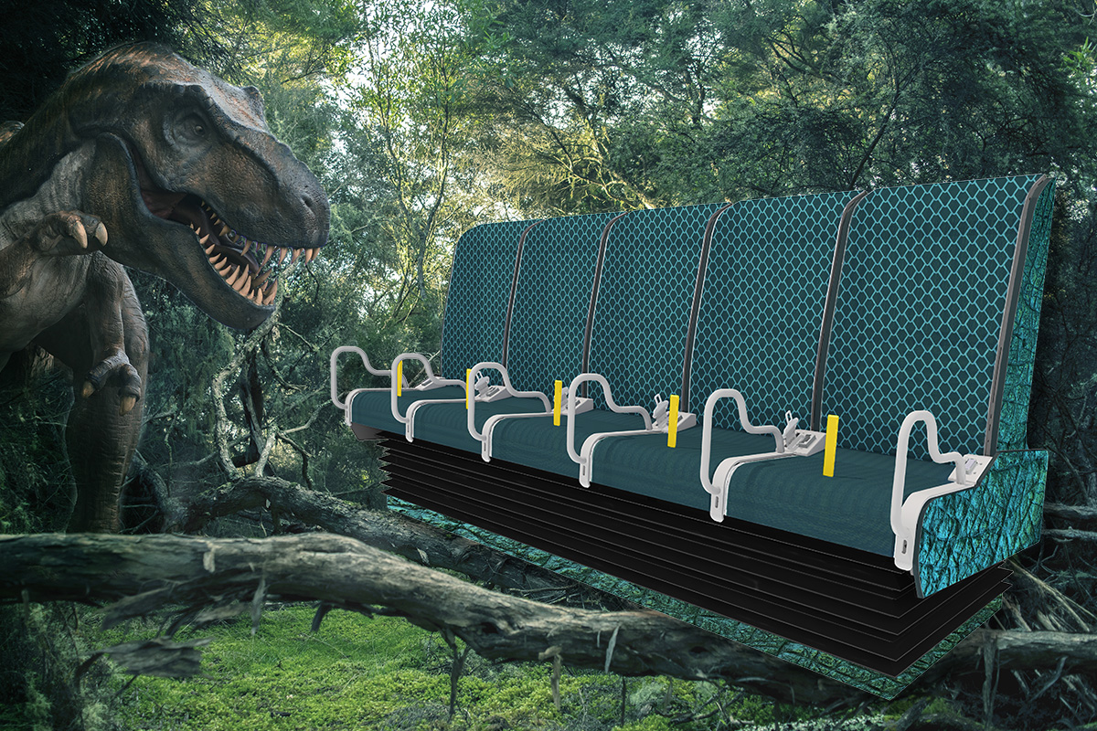 jurassic themed seat design for flyride flying theater