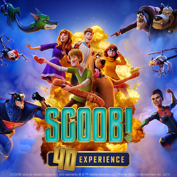 scoob 4d experience logo on blue smokey background with mystery gang